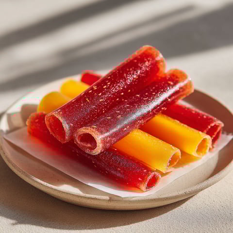 A plate of fruit leather with different colors.