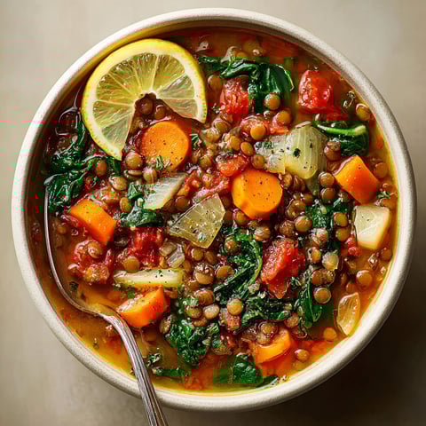 A bowl of soup with vegetables and a lemon wedge.