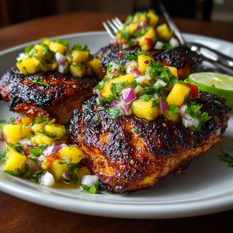 A plate of chicken with pineapple salsa on top.