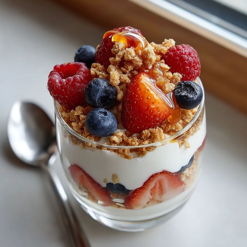 A glass of yogurt with berries and granola.
