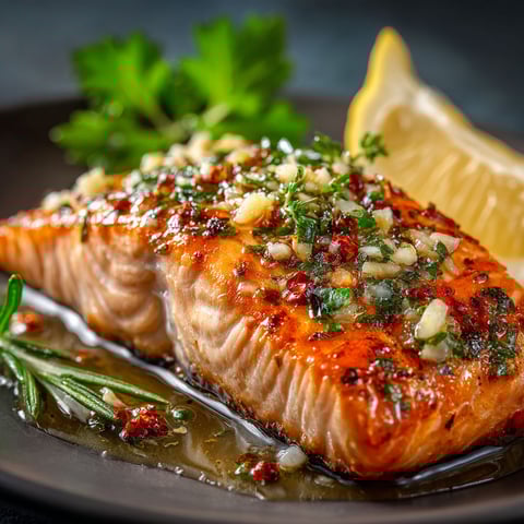 A plate of salmon with herbs and lemon.