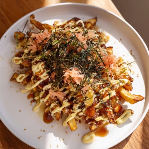 Golden Japanese Okonomiyaki Fries, layered with savory sauce, seaweed, and creamy mayo.