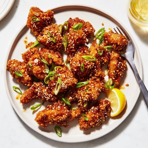 Crispy Japanese Karaage with Sweet Chili Glaze atop a serving platter, garnished with green onions.  