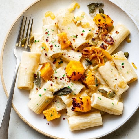 Creamy Miso Fall Pasta with Roasted Squash, garnished with fresh herbs and pumpkin seeds.  