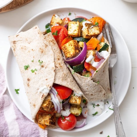 Vegan Viral Recipe Re-make featuring roasted tofu and colorful veggies on whole wheat wrap.  