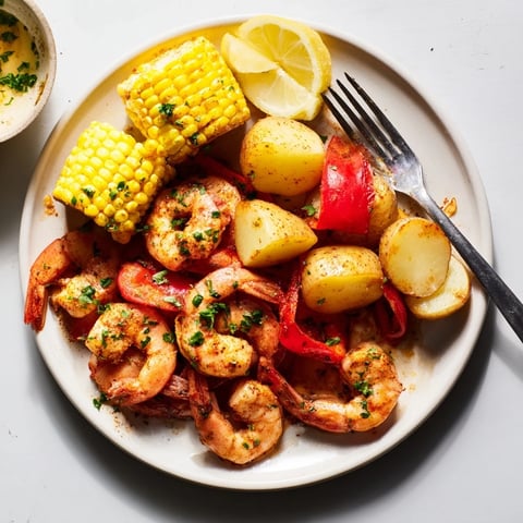 Spicy Cajun shrimp and sweet corn platter served with buttery roasted potatoes.  