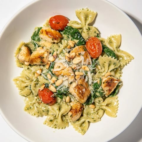 Vibrant Pesto Chicken Bowtie Pasta topped with fresh basil and toasted pine nuts.