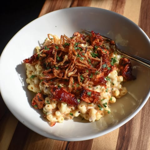 Creamy One-Pot Honey BBQ Chicken Mac and Cheese bursting with melted cheese and smoky flavors.  