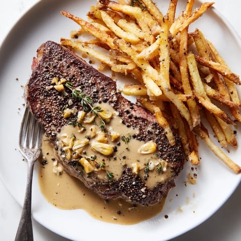 Juicy Classic Peppercorn Ribeye topped with rich sauce, served with golden crispy fries.  