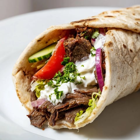 Tender beef shawarma wraps with yogurt sauce, fresh veggies, and warm flatbread.  