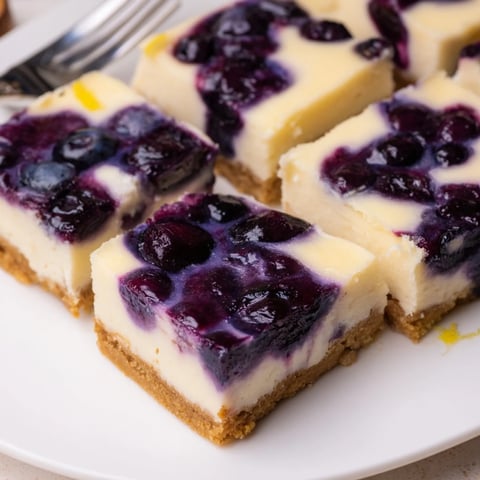 Creamy blueberry lemon cheesecake bars over a buttery graham cracker crust, perfect dessert.  
