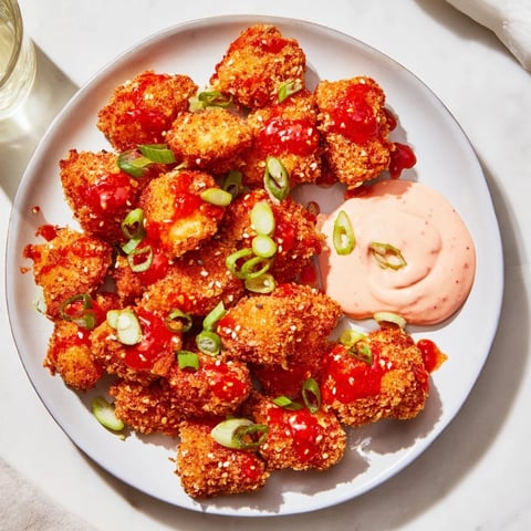 Golden, crispy Bang Bang Chicken Bites coated in a sweet chili sauce, ready to serve with mayo.
