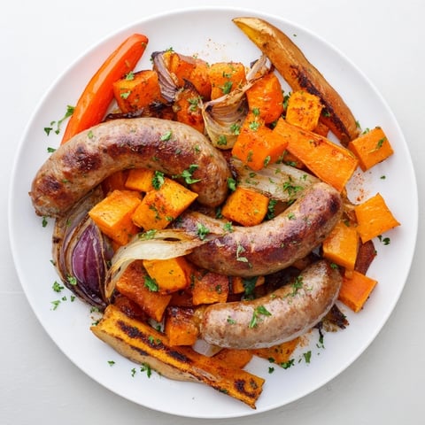Golden sheet pan roasted sausage, squash, and root vegetables, perfectly caramelized from the oven.