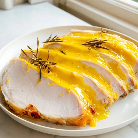 Golden-brown Limoncello-Glazed Roast Turkey Breast, glistening with a vibrant, sweet Italian glaze.