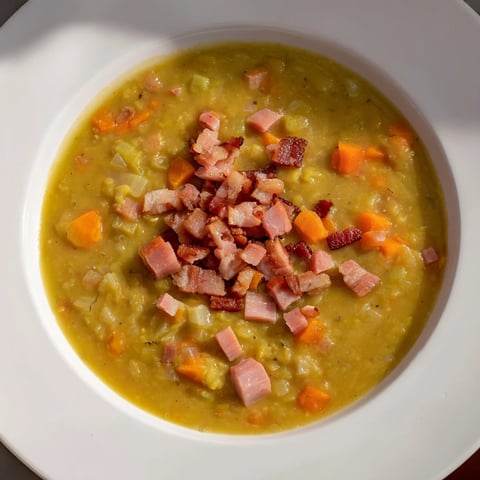 Steaming bowl of Split Pea Soup with rich bacon and ham, ready to serve with crusty bread.