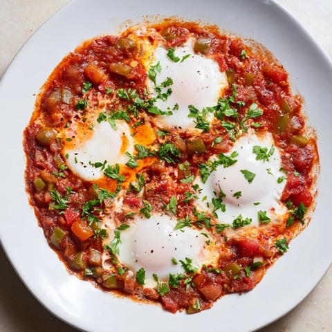 A skillet of vibrant shakshuka, the poached eggs nestled in a spicy tomato sauce.