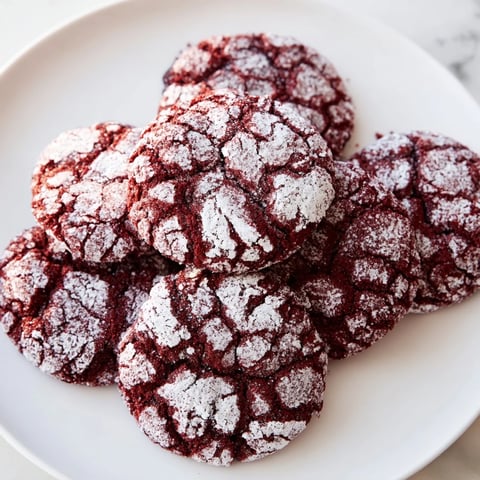 Warm, crackled, red velvet chocolate crinkle cookies, dusted in powdered sugar, ready for dessert.