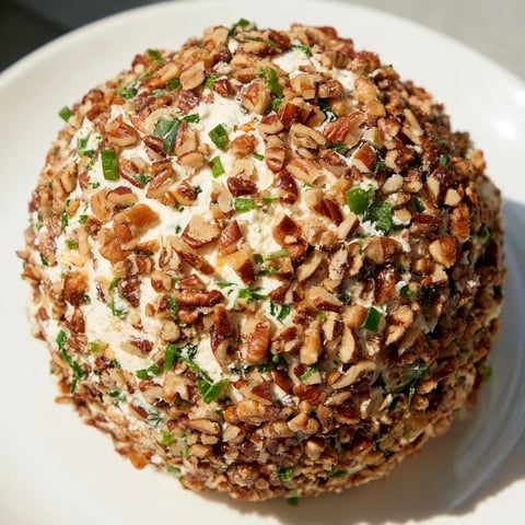 A beautifully rolled Classic Cheese Ball with Ranch Seasoning, speckled with fresh herbs and chopped nuts.