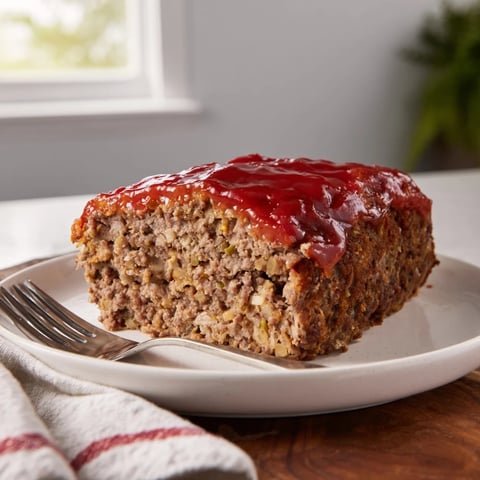 Tender Stove Top Stuffing Meatloaf Hack, glistening with a ketchup glaze, ready for serving with mashed potatoes.