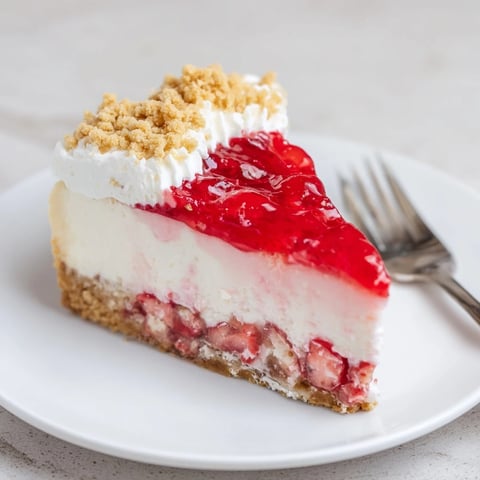 A slice of creamy strawberry shortcake cheesecake shows a vibrant strawberry swirl, inviting!