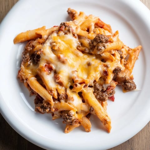 Warm and cheesy Easy Beef Enchilada Pasta, a one-pot meal with melted cheddar and hearty beef.