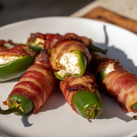 Crispy bacon wraps around spicy jalapeño poppers, filled with creamy cheese and ready to eat.