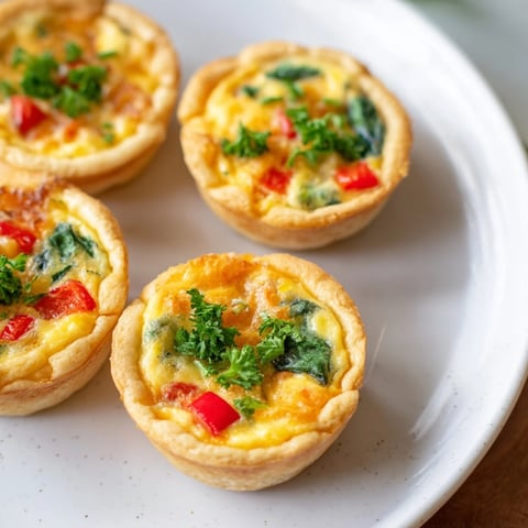 Golden brown Easy Festive Mini Quiche Cups, savory and comforting, ready for brunch guests.