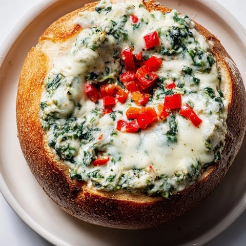 Warm, bubbly Express Holiday Spinach Dip in a crusty sourdough bread bowl, perfect appetizer.