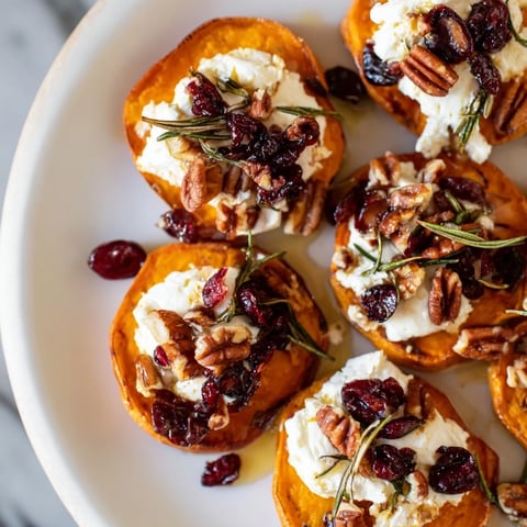 Golden brown Express Holiday Sweet Potato Rounds, topped with cheese, cranberries, and crunchy pecans.