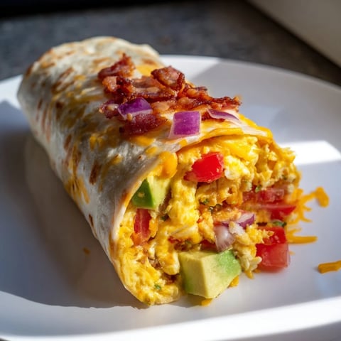 Warm, flavorful Easy Festive Breakfast Burrito Wraps filled with scrambled eggs and crispy bacon.
