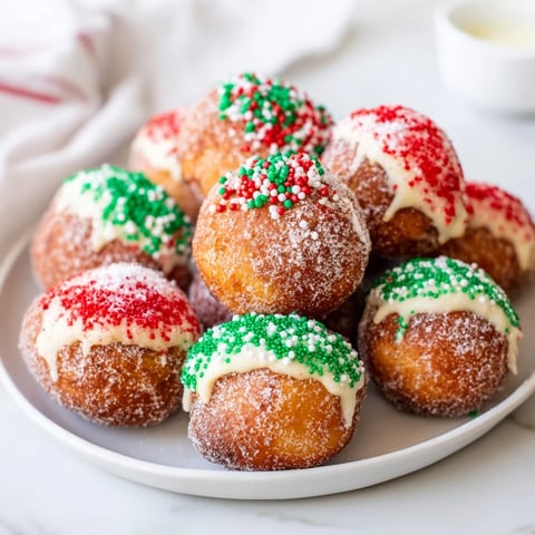 Air Fryer Christmas Donut Holes are golden brown and coated in cinnamon sugar and festive sprinkles.