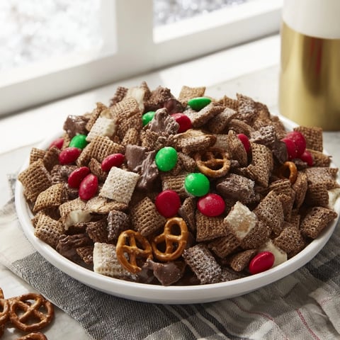 Golden, sweet Simplified Reindeer Chow mix coated in powdered sugar and ready to eat from a bowl.