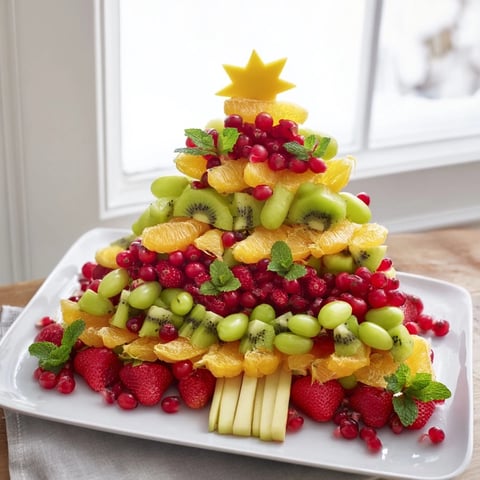 Vibrant Christmas Tree Fruit Platter with sweet strawberries and kiwi, ready to enjoy.