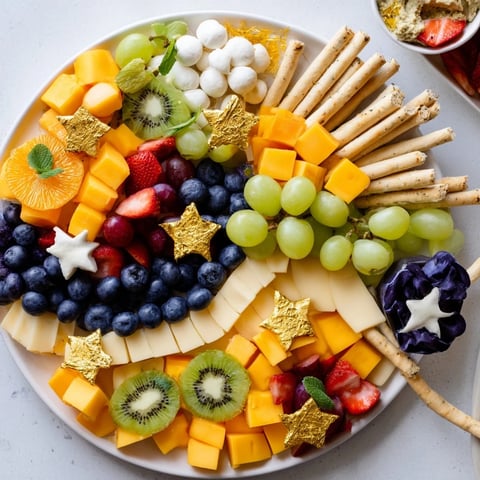 Comet & Planet Grazing Tray: an inviting party platter with colorful cheese planets and fresh fruit stars.