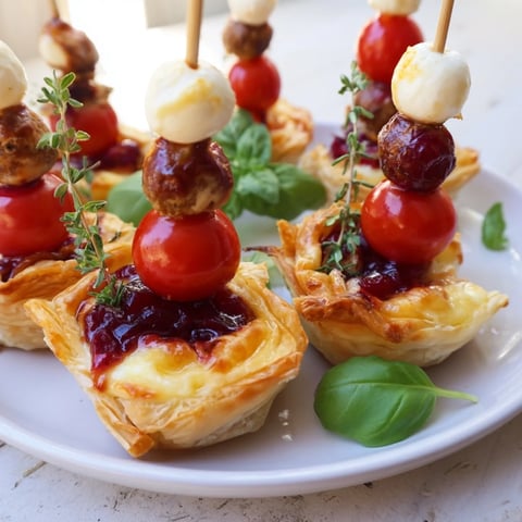 Joy to the World Festive Appetizer Trio, ready to serve, presents colorful mini Caprese skewers and tasty meatballs.