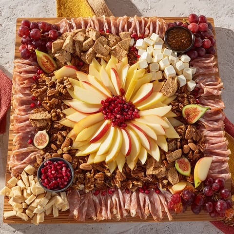 Éclat dÉtoiles Planche de Noël 2025: A starburst charcuterie board with cheeses, meats, fruit, and nuts, ready for festive enjoyment.