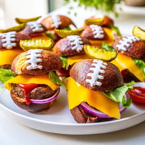 Delicious American Football Oval Burger Platter with melted cheese alongside crispy fries and pickles.