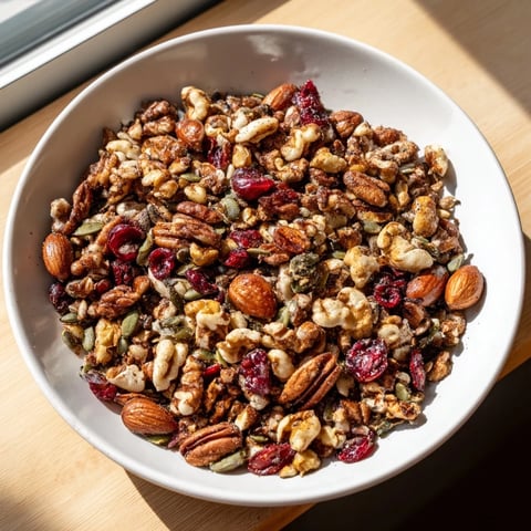 A close-up of Squirrels Gourmet Nut Bowl, a delicious, golden, crunchy snack mix with vibrant cranberries.