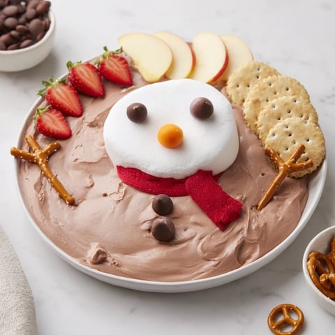 Hot Cocoa Dip Snowman forms a festive dip shape, a creamy winter dessert, ready to be enjoyed.