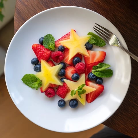 Freshly sliced starfruit and berries arranged on a platter, a colorful and healthy snack.