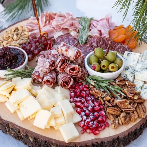 A winter forest meat and cheese charcuterie scene with colorful garnishes and savory meats ready.