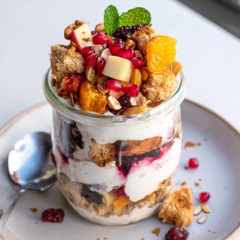 A festive Christmas Pudding Yogurt Parfait Bar showing layers of creamy yogurt and fruit compote.
