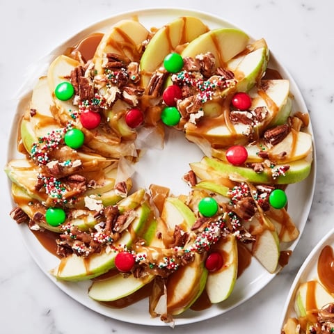 Festive Caramel Apple Slice Christmas Wreath, a dessert wreath drizzled with chocolate and caramel.
