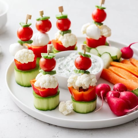 Festive Savory Crudités platter: Vibrant veggie Santa hats with creamy dip, perfect for holiday snacking.