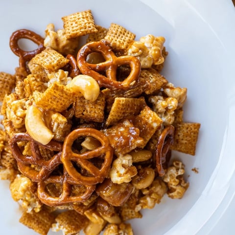 Golden-brown Party Mix glistening with a sweet, sparkling cider glaze, ready to be enjoyed.