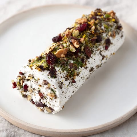 Winter Snowdrift Goat Cheese Log, a festive appetizer coated in herbs, nuts, and cranberries, ready to serve.