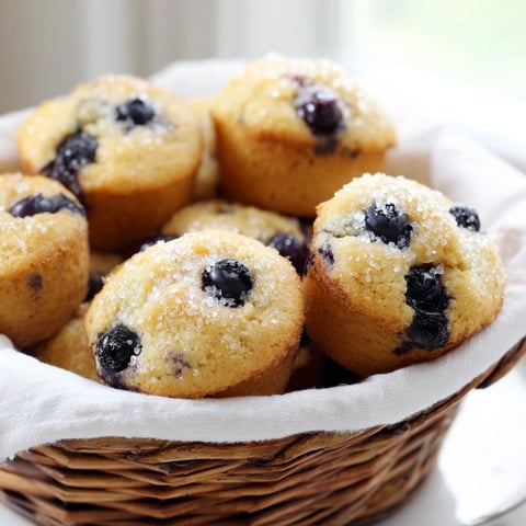 Fluffy mini blueberry muffins piled high in a rustic basket, ready to enjoy.