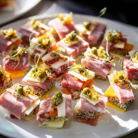 A delicious Patchwork Quilt appetizer, showcasing colorful meats and cheeses arranged like a quilt design.