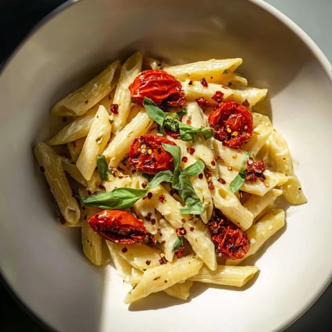 Roasted cherry tomatoes mingling with creamy Boursin cheese pasta, ready to serve with fresh basil.