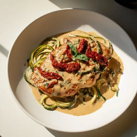 Marry Me Chicken Zoodles: Chicken breasts smothered in creamy sun-dried tomato sauce, ready to serve over zoodles.